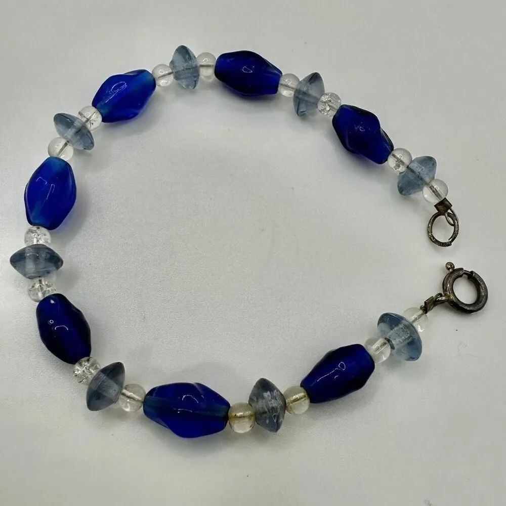 Blue  beaded glass sterling silver bracelet